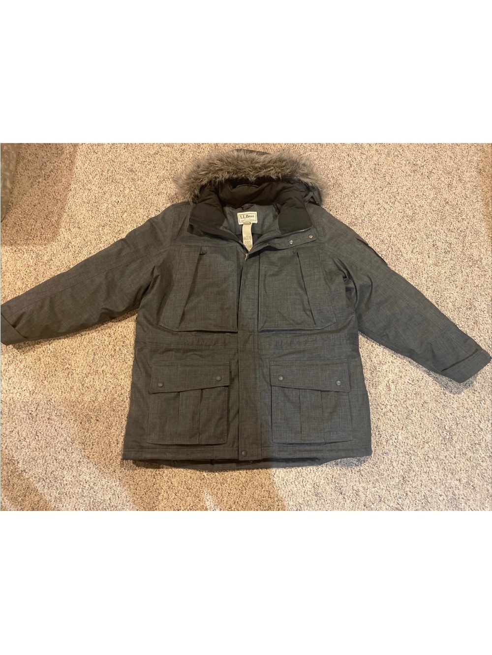 L.L. Bean Men's Dark Gray Insulated Parka with Faux Fur Hood